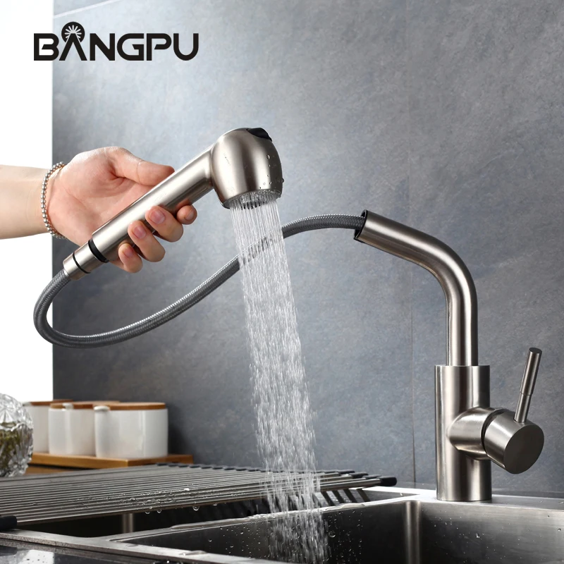 Imagem -04 - Bangpu Cozinha Pull Out Torneira da Pia Único Furo Deck Montado Fluxo Pulverizador Bico de Níquel Escovado
