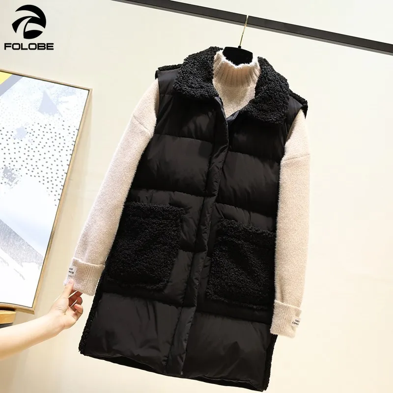 FOLOBE Spring Long Vest Women New Single Breasted Casual Lamb Padded Cotton Vest Women Fashion Patch Designs Thick  Warm Gilet