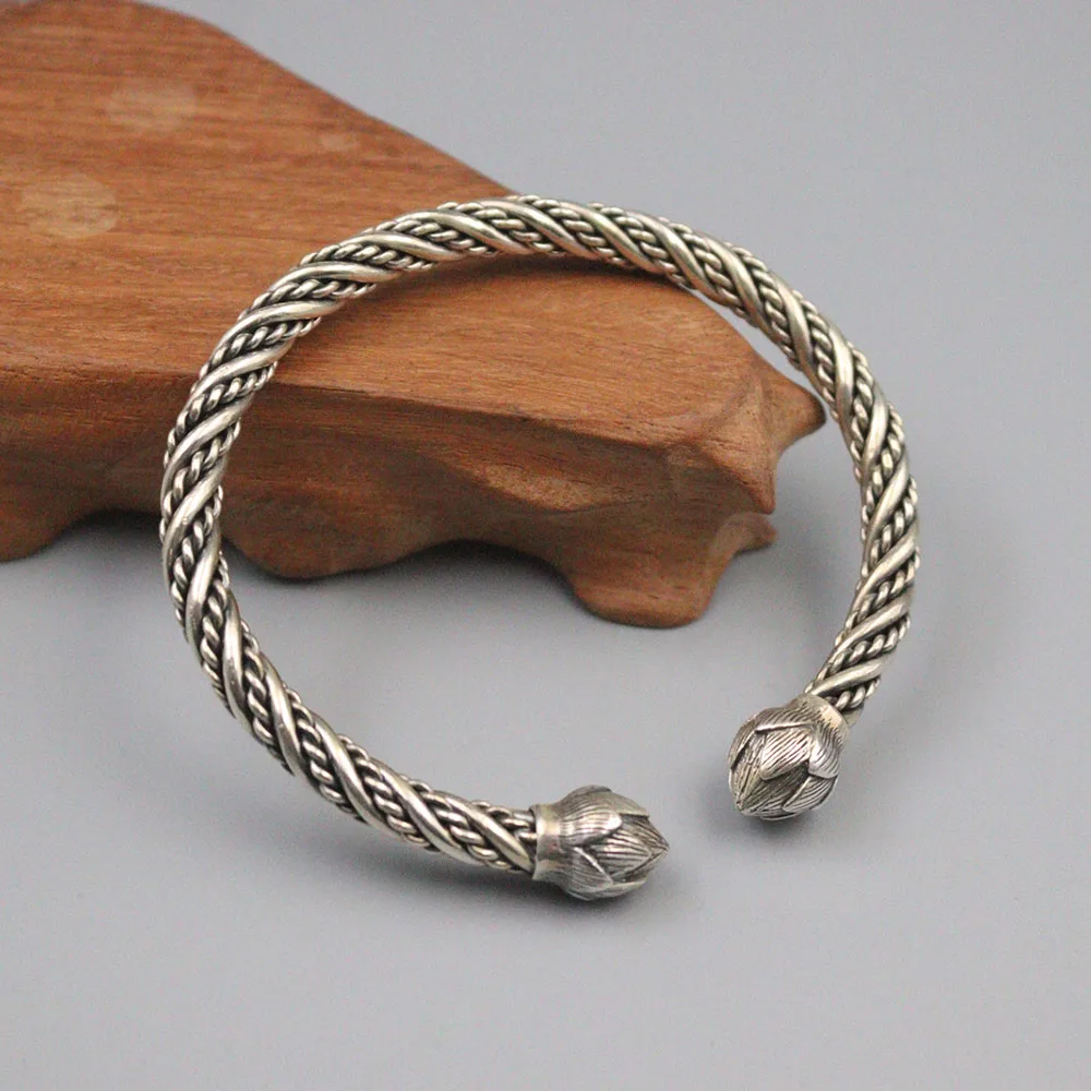 Fine Pure S999 Sterling Silver Bangle Women 6mmW Wave Lotus Figure Bracelet 60-67mm 46-48g