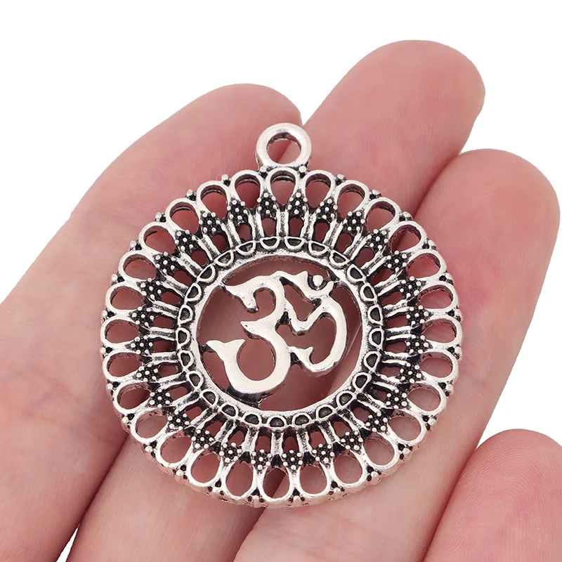 

5 x Tibetan Silver Hollow Open Filigree Flower OM AUM Yoga Charms Pendants for DIY Necklace Jewelry Making Findings 44x39mm