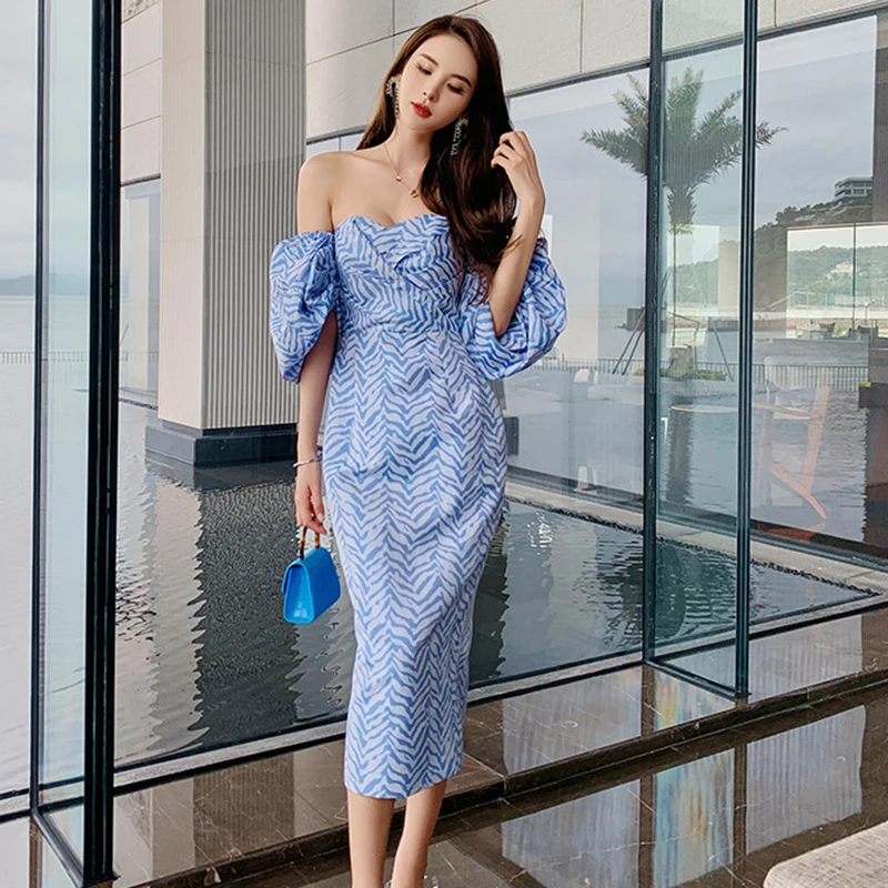 

Fashion Vintage Off-Shoulder Lantern Sleeve Midi Mini Party Club Dress Ladies Elegant Robe Casual Stripe Strapless Split Dress