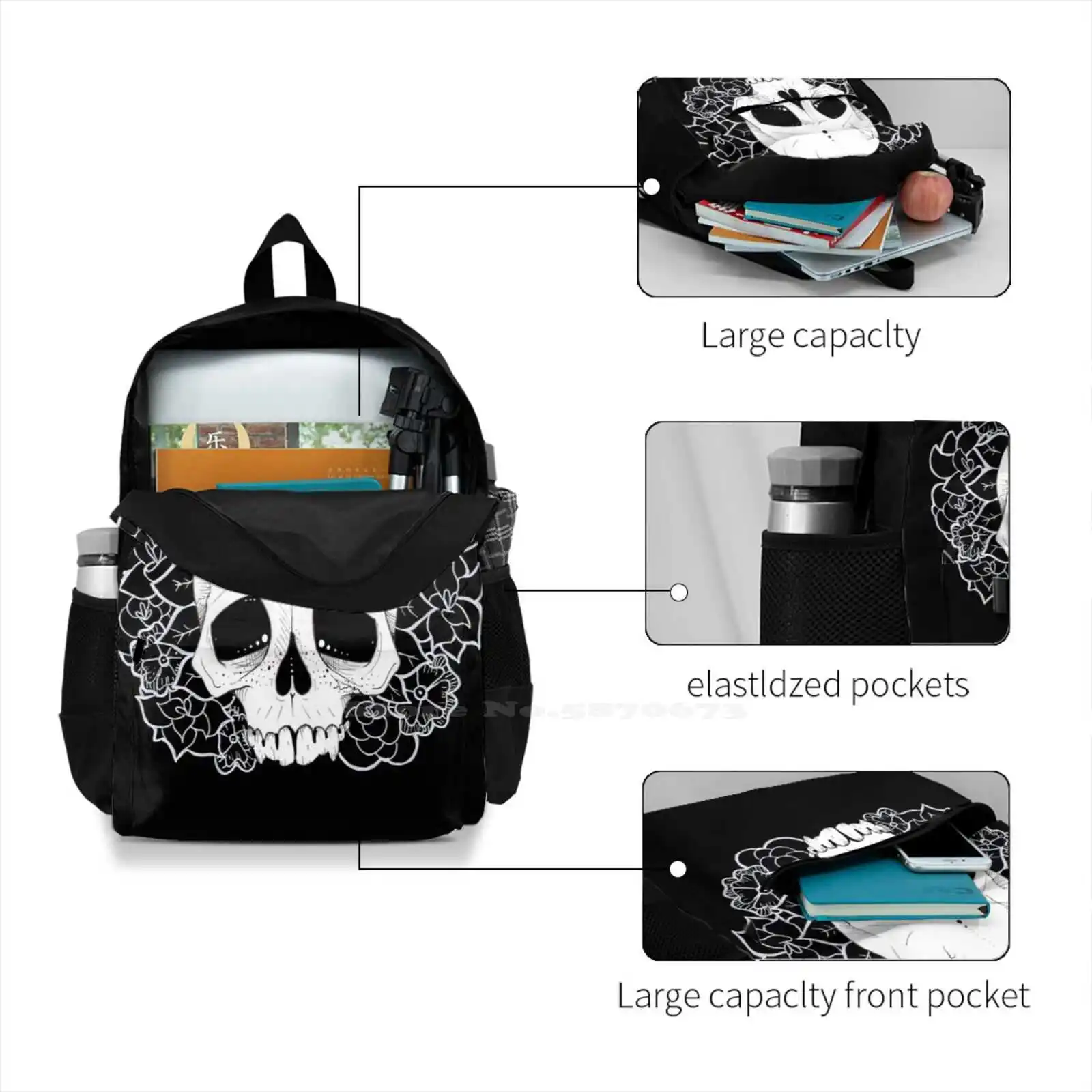 Of Life Padrão Design Bolsa Mochila Estudante Flor Coroa Preto E Branco Crânio Com Flores Morte Emilyheemer Of Life