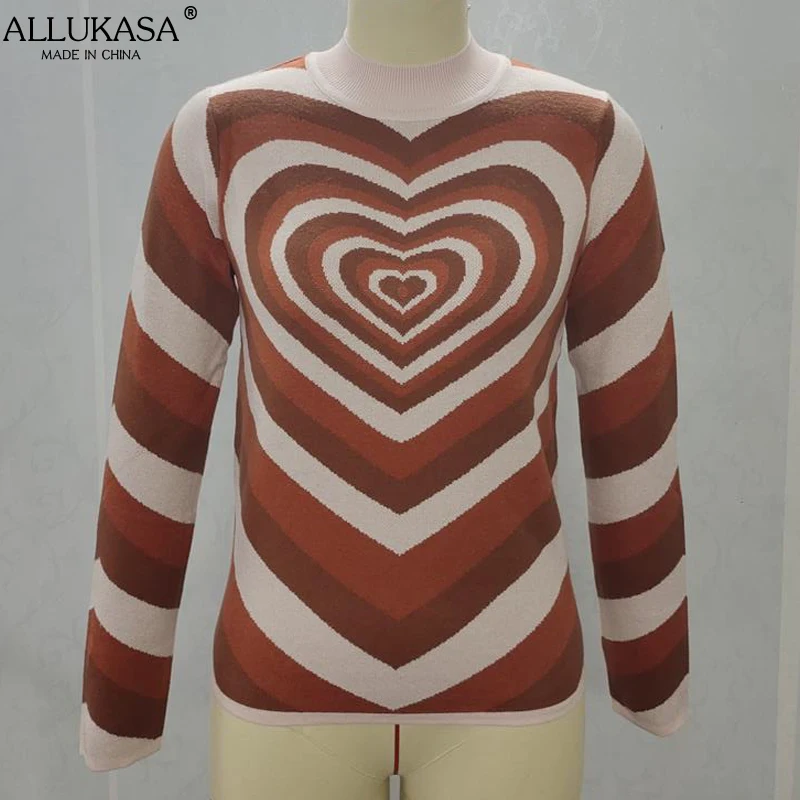 Y2K Knitted Sweater Women Heart Striped Long Sleeve Jumper Sweaters Aesthetics Girls Sweet Pullovers Streetwear Female Clothing