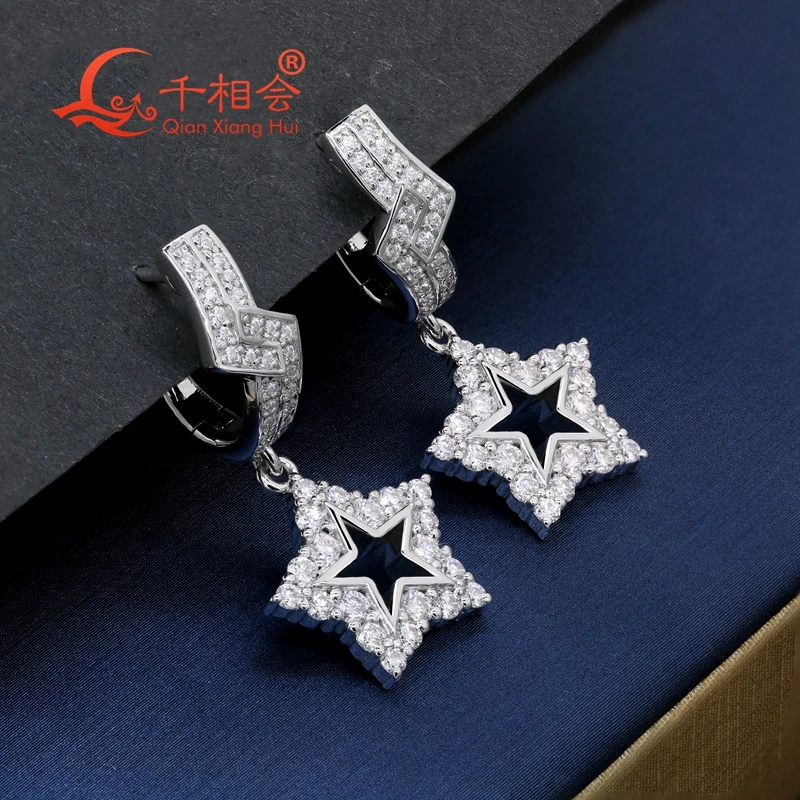 qianxianghui 925 Sterling Silver Star Shape Earrings Stud With Melee Moissanite Diamond Stones Wedding Moissanite  drop earring