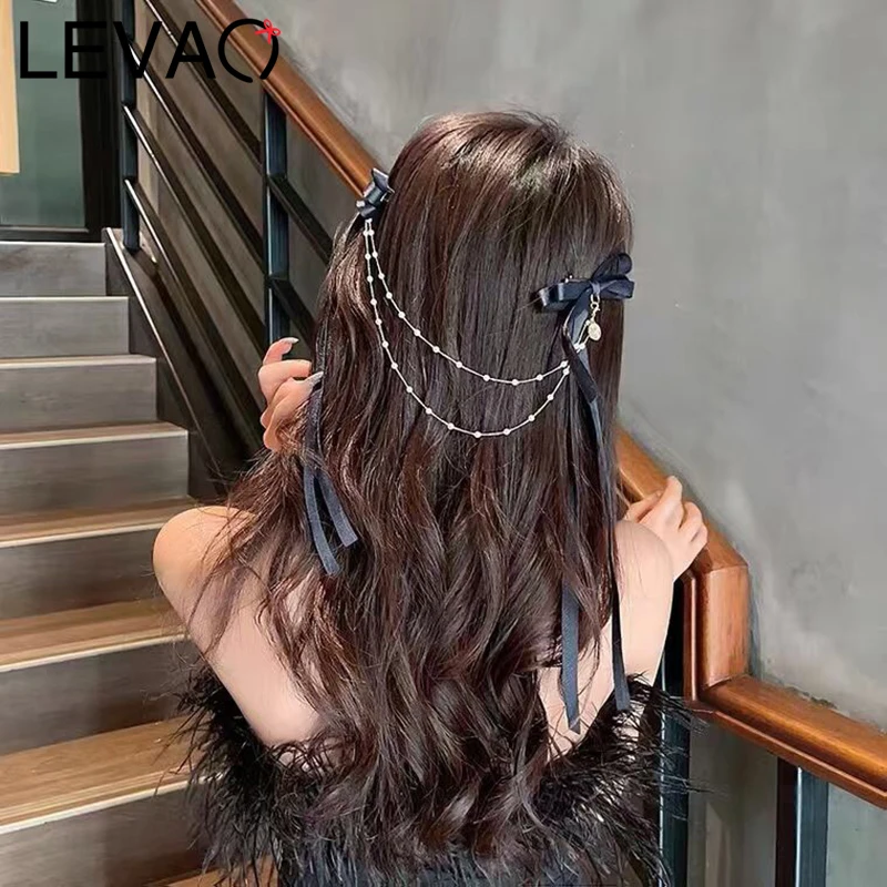 LEVAO Elegant Chain Solid Color Bow Hairpins For Girl Black Hair Clip For Women Sweet Satin Hairgrip Hair Accessories