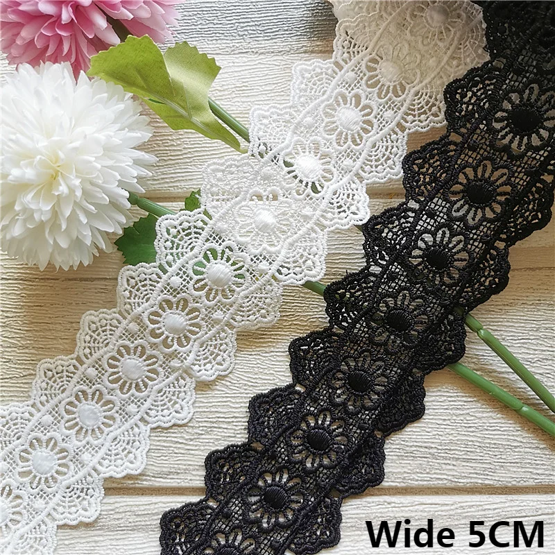 5.5CM Wide White Black Cotton Hollow Embroidered Guipure Lace Fabric Ribbon Fringe Edge Trim Dress Collar Cuffs DIY Sewing Decor