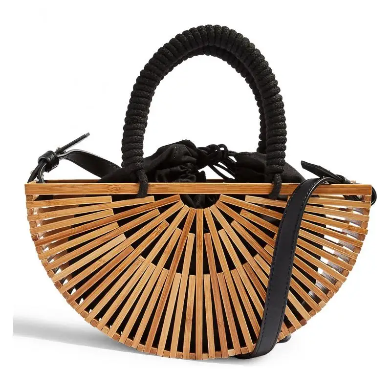 

Wicker woven Women's shoulder bag outdoor half round beach bamboo wood bag hollowed out hand bag Creative antique style
