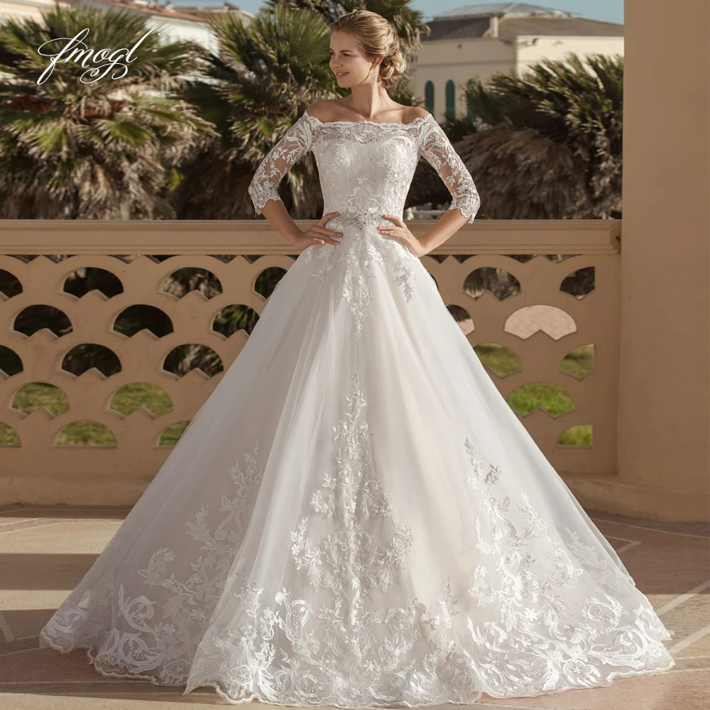 

Fmogl Sexy Boat Neck Three Quarter Sleeve Vintage Wedding Dresses Appliques Sashes Floor Length A Line Bridal Gowns