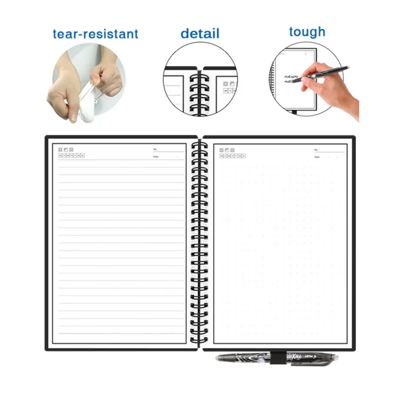 Caderno apagável reusável inteligente papel apagar bloco de notas forrado com caneta bolso diário diário escritório escola desenho presente