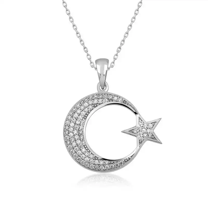 Silver Moon Star Women 'S Necklace Zircon Stone 925 Sterling Women Fine Jewelry Wedding Party Birthday Gift - Box - Pendant - Chain Choker - Female - Ladies - Fashion