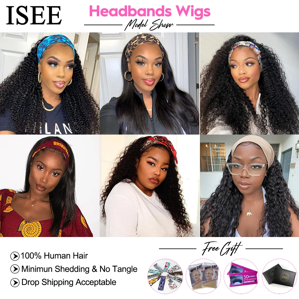 ISEEHAIR Straight Headband Wig Human Hair Wigs 180% Density Peruvian Straight Hair Wig Full Machine Made Wig For Black Women