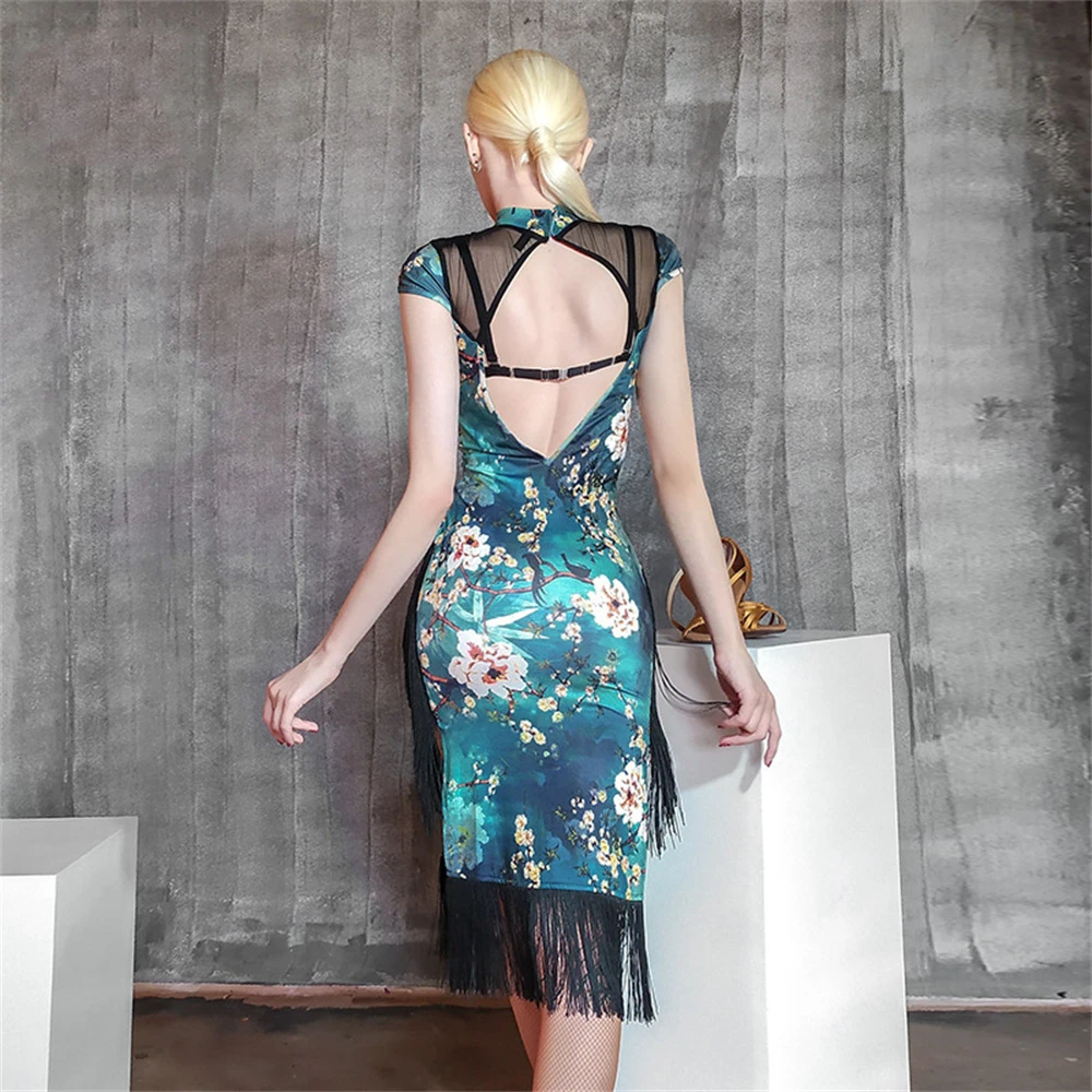 Latin Dance Dress Adult Printed High Split Backless Halter Fringed Cheongsam  Women Performance Competition 