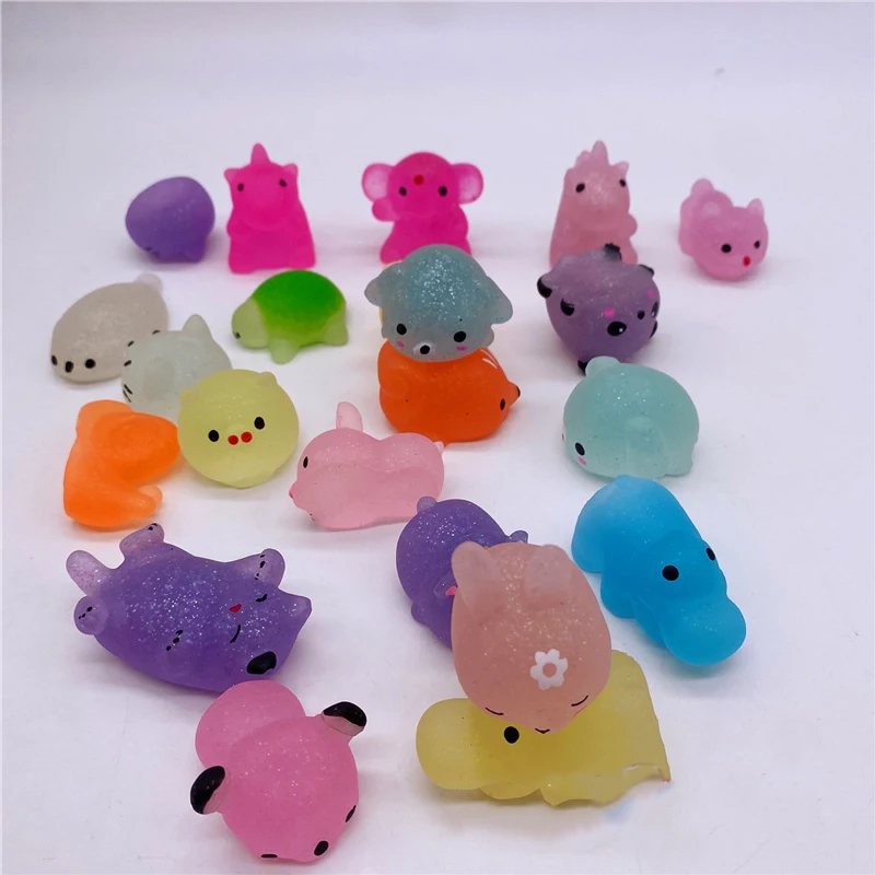 10Pcs New Design Glitter Squishy Animal TPR Soft Mochi Anima for Kid Mini Stress Relief Toy Favor Birthday Gift Bling Prize