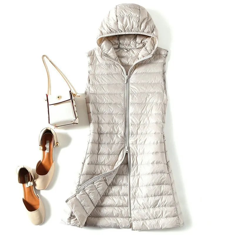 Women Ultra Light White Duck Down Vest Slim Sleeveless Hooded Coat Autumn Winter Female Long Waistcoat Puffer Parkas Tops 4XL