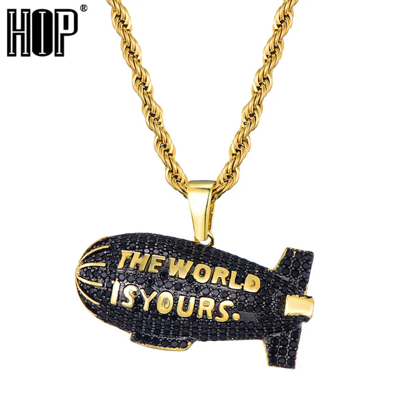 

HIP Hop Gold Color Bling Full AAA+ Cubic Zirconia Iced Out THE WORLD IS YOURS Blimp Pendants & Necklaces for Men Jewelry