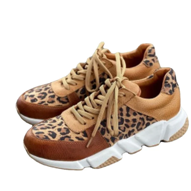 New Thick-soled Round Toe Low-top Leopard Print Women\'s Singles Cross-large Stitching Lace-up Sneakers