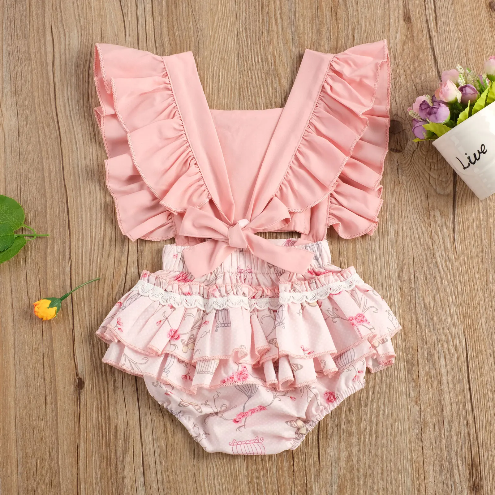 Baby Girl Bodysuits Floral Jumpsuit High Waist Hollow Flower Printed Summer Ruffle Fly Sleeve Side Pocket Clothes