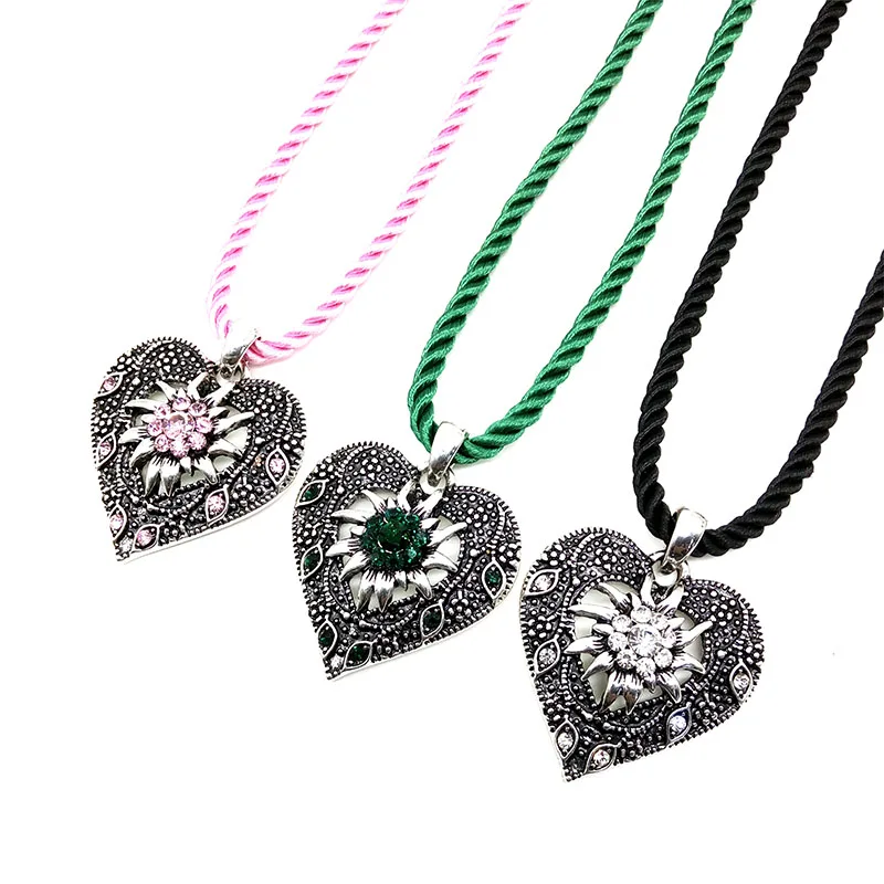 New Multicolor Edelweiss Vintage Lanyard Pendant Necklace Heart Shape Engraved Necklace for Women Charm Party Jewelry Wholesale