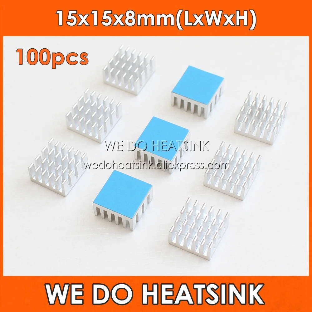 WE DO HEATSINK 100pcs 15x15x8mm IC Square Aluminum Heatsink Radiator Cooler With Thermal Adhesive Double Sided Pad