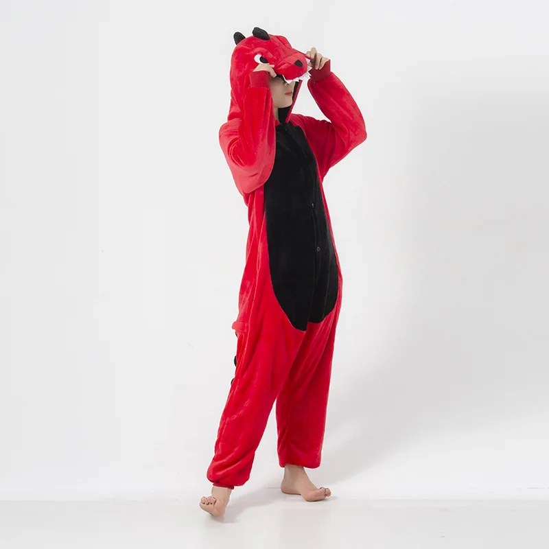 Pyjama de carnaval pour adultes, combinaison une pièce, costume de tyrannosaure rouge, Kigurumi