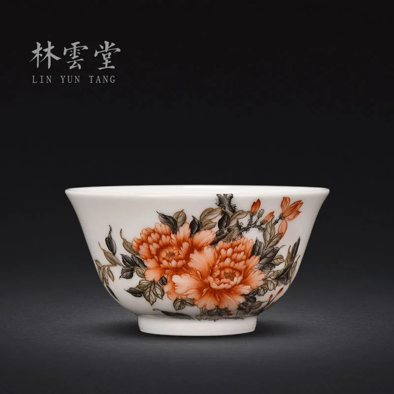 Lin Yuntang hand-painted color ink alum red paint peony master cup single cup jingdezhen ceramic sample tea cup