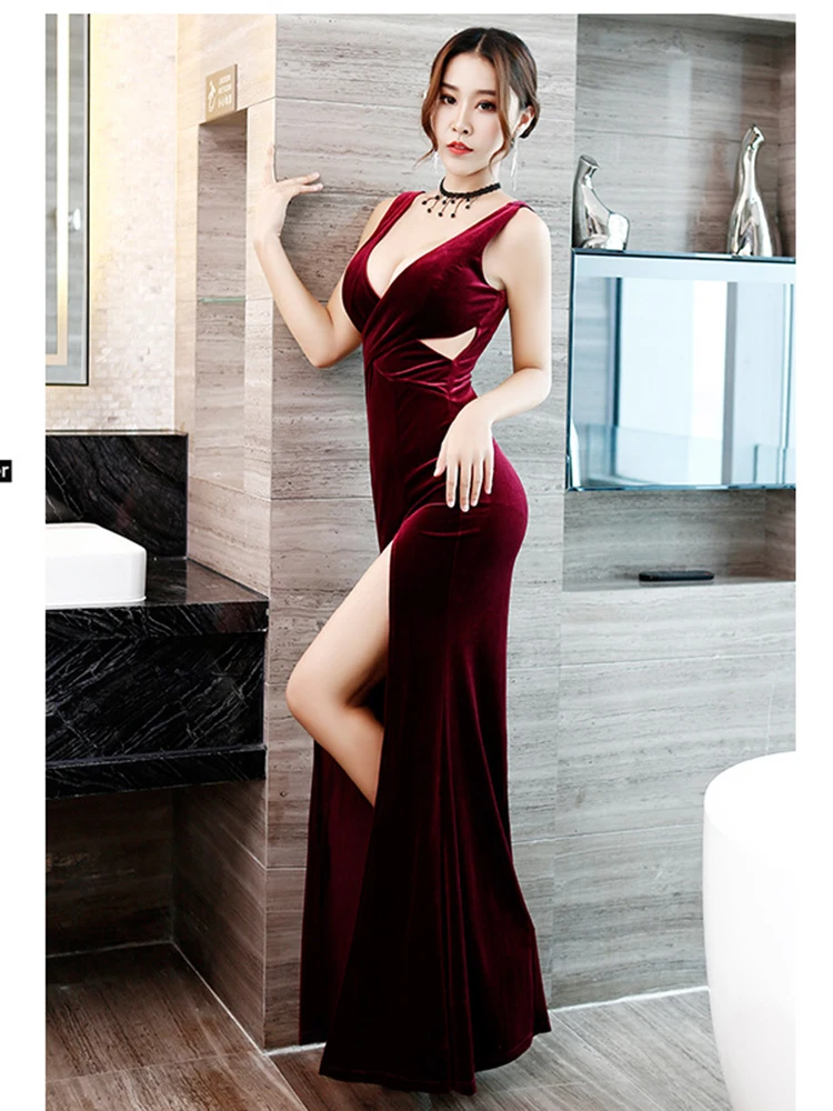 Women Night Field Condole Belt Long Dress New Velvet Large Size Hollow Out Temperament Nightclub Sexy Evening Dress V-neck  Gown