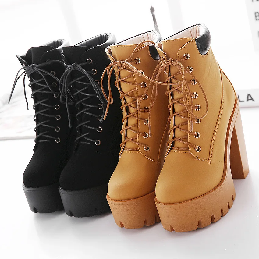 Fashion Spring Autumn Platform Ankle Boots Women Lace Up Thick Heel Platform Boots Ladies Worker Boots Black Big Size 2019