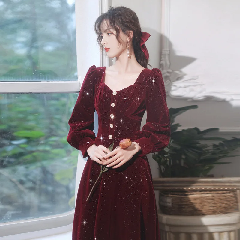 Elegant Square Collar Long Sleeve A-Line Evening Dress Back Zipper Women Formal Gowns Robe De Soiree Cheongsam Size 3XL image 4
