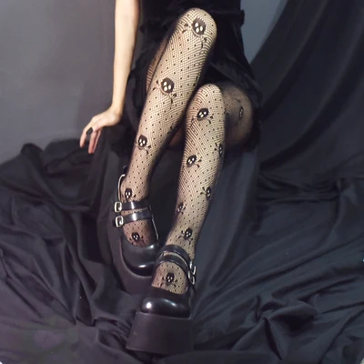 Black Gothic Lolita Mesh Stocking Cool Girl Punk Loli Skull Socks Student Cosplay Accessory Tight