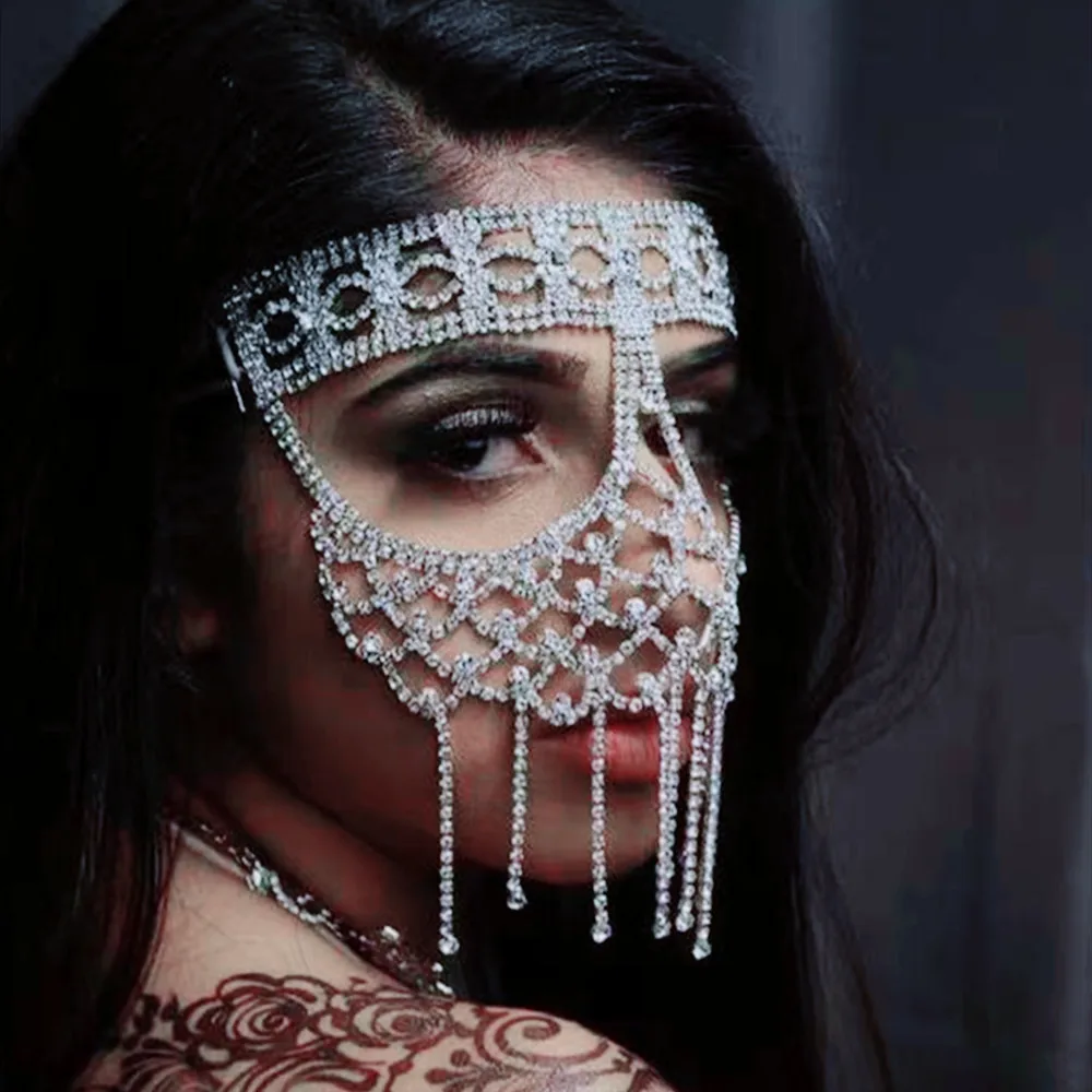 

Luxury Rhinestone Tassel Chain Face Masquerade Veil Mask Jewelry for Women Bling Crystal Hollow Mask Wedding Face Accessories