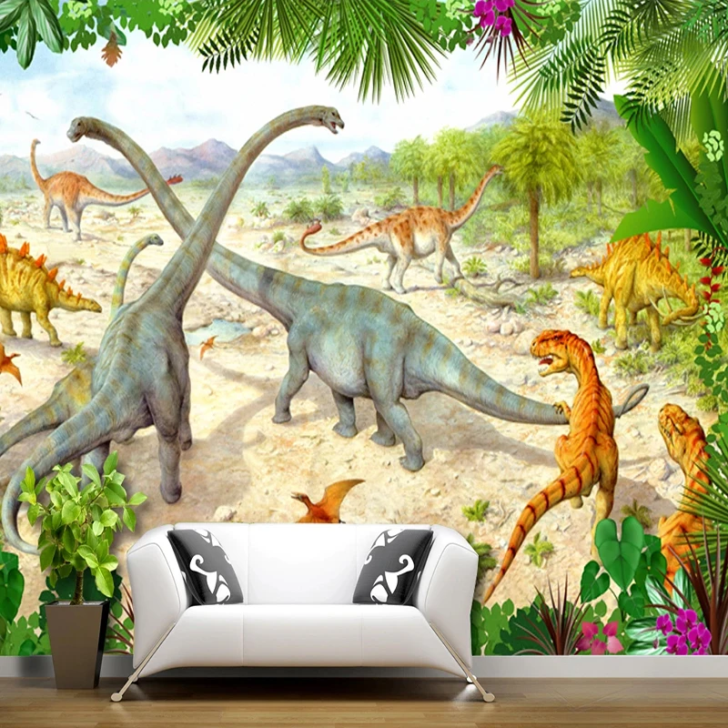 Custom Mural Wallpaper 3D Cartoon Dinosaur Green Forest Children's Bedroom Background Backdrop Wall Sticker Papel De Pared