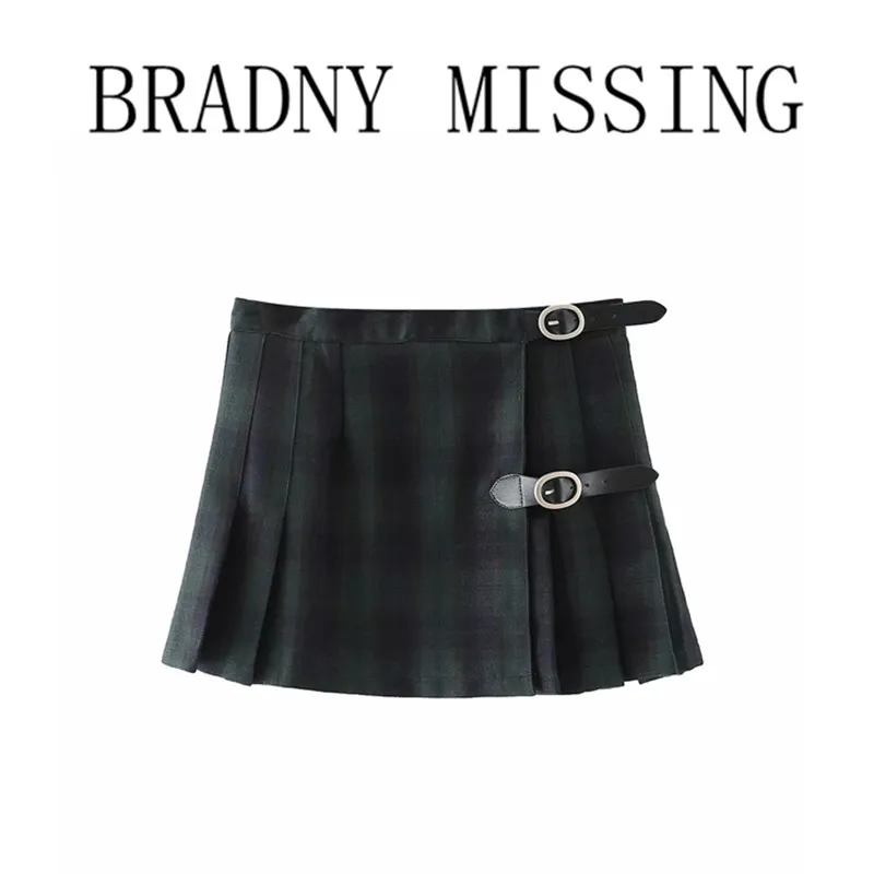 Sweet Girls England Style High Waist Mini Skirt 2022 Fashion Ladies All-match Women Plaid Leather Button Pleated Skirts