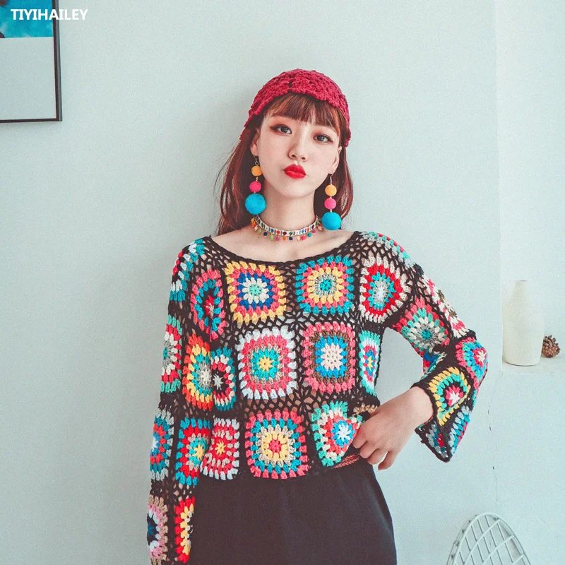 TIYIHAILEY Free Shipping 2021 New Fashion Full Sleeve Spring And Autumn Short Sweaters Tops Hand Made Knitted Crochet Black Red