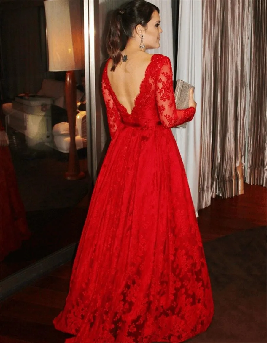 Elegante vestido rojo De encaje con cuello en V para baile De graduación, cinturón De manga larga, cuentas De lentejuelas, largo hasta el suelo, vestidos De noche para celebridades, bata De Soriee