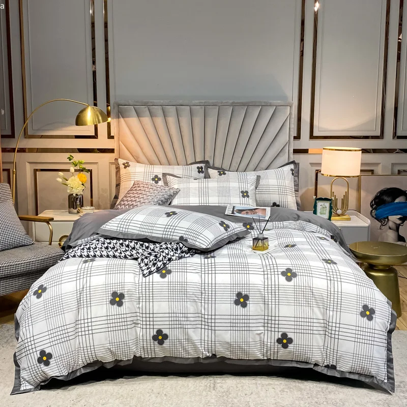 Euro Gray Grid Flower Bedding Set Pure Cotton Geometric Stripes Floral Duvet Cover Bed Linen Calico Comforter Queen King Bed Set