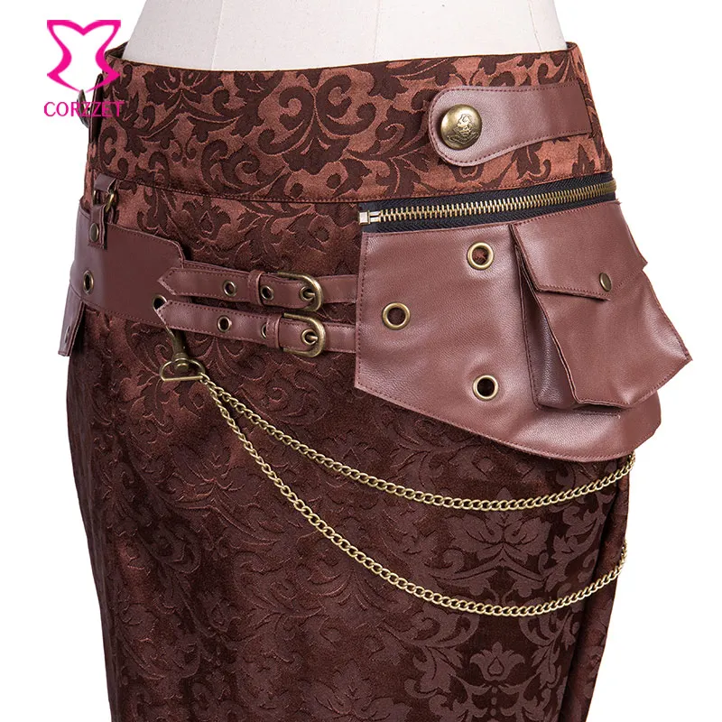 Victorian Brown Brocade Long Skirts With Leather Bag Women Gothic High Waist Mermaid Skirt Steampunk Maxi Skirts High Streetwear