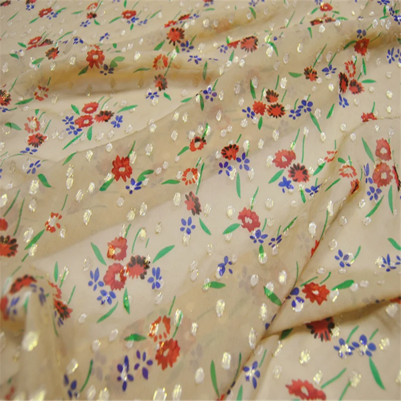 

Printed Hot Sale Small Floral Comfortable Popular Soft Feeling Silk Metallic Lurex Fabric with High Quality for Lady Cloth