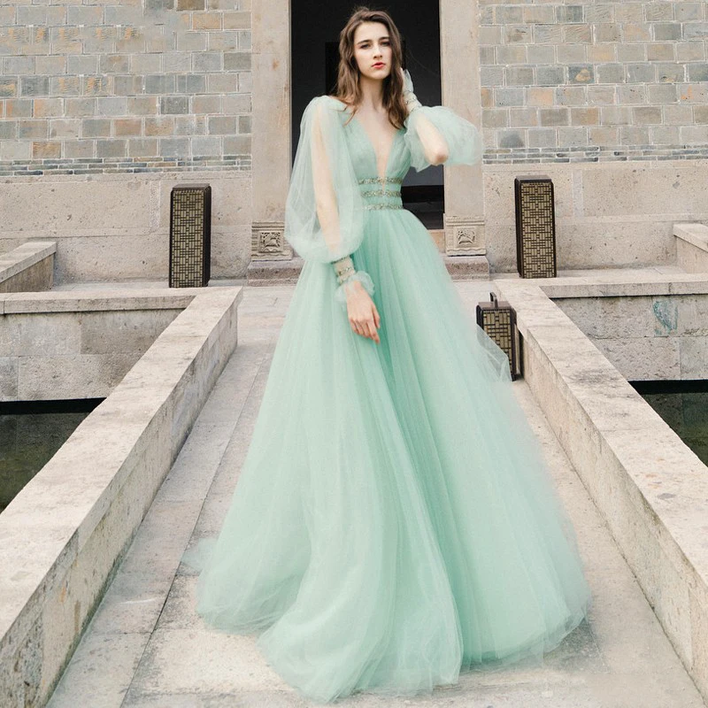 Abendkleider Mint Green Evening Dress Puff Sleeve V Neck Prom Formal Dresses Beading Belt Long Evening Gown vestidos de festa