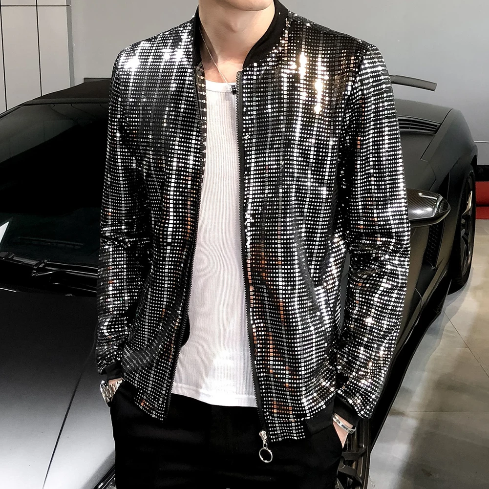 2020New Sequined Bomber Jacket Men Shiny Sequins Long Sleeve Glitter Zipper Coat Hip Hop Loose Night Club Stage Streetwear Coats