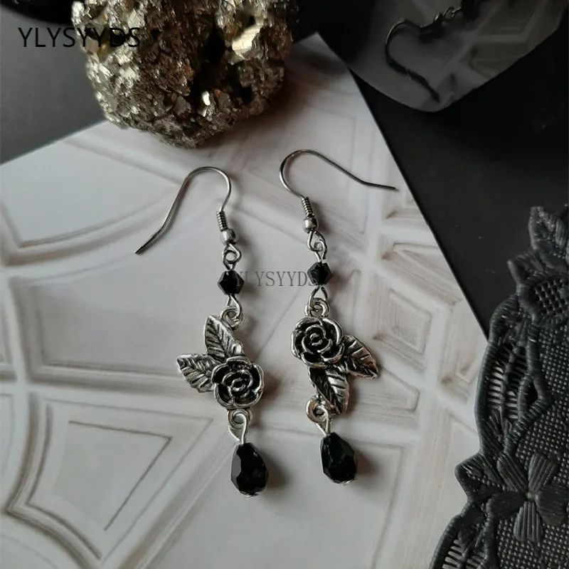 Gothic Rose and Black Crystal Earrings Romantic Dark Witch Vintage Jewelry Wiccan Minimal Pagan Phase Witchy Goddess Women Gift