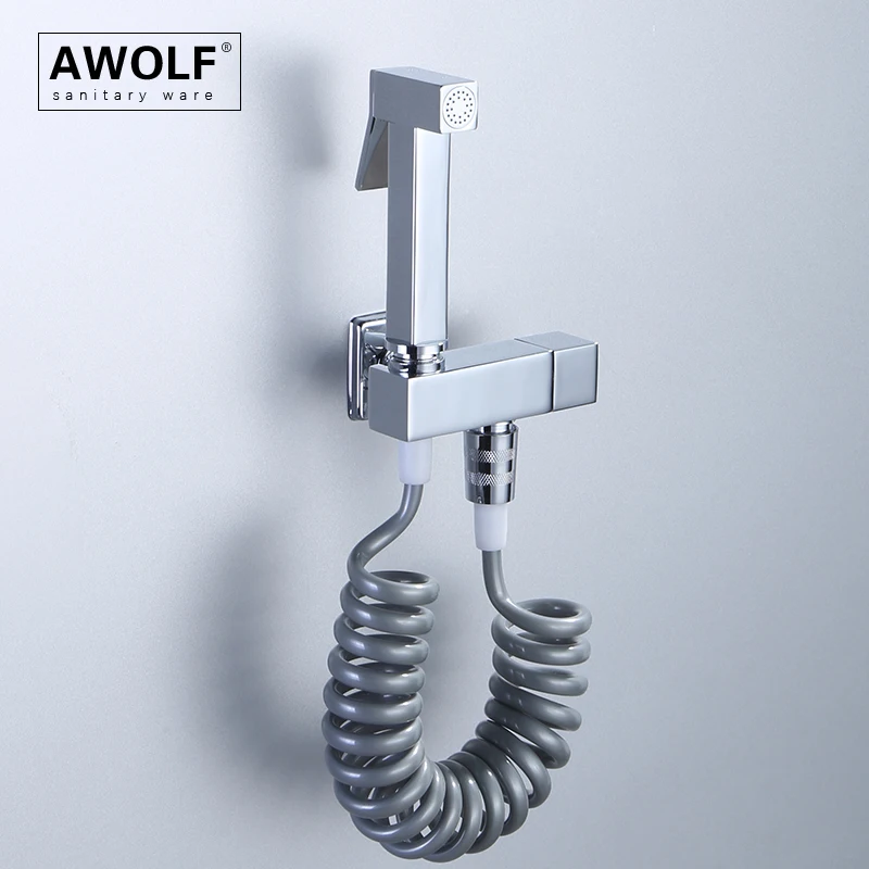 Awolf Chrome Hygienic Shower System Solid Brass Bathroom Toilet Bidet Sprayer Set Square Douche Kit Anal Washer Shower AP2250