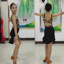 New Tassel Latin Dance Dress Suspenders Costume For Girls Ballroom Salsa Tango Child Leopard Print Profession Latin Dance Dress