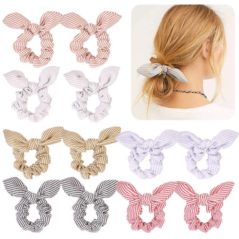 Bunny Ears Hair Scrunchies Elastic Hair Bands Striped Hair Ties Bowknot Scrunchie Sweet Ponytail Holder Girls Hair Accessories