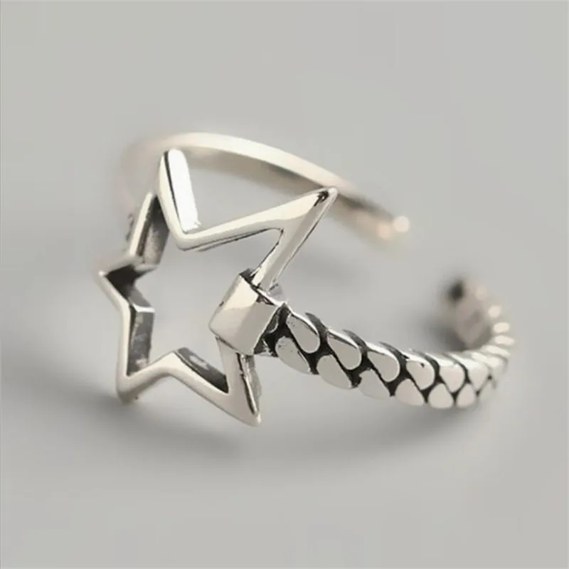 New Simple Personality Irregular Five-pointed Star 925 Sterling Silver Jewelry Hollow Star Lock Chain Opening Rings TYB483