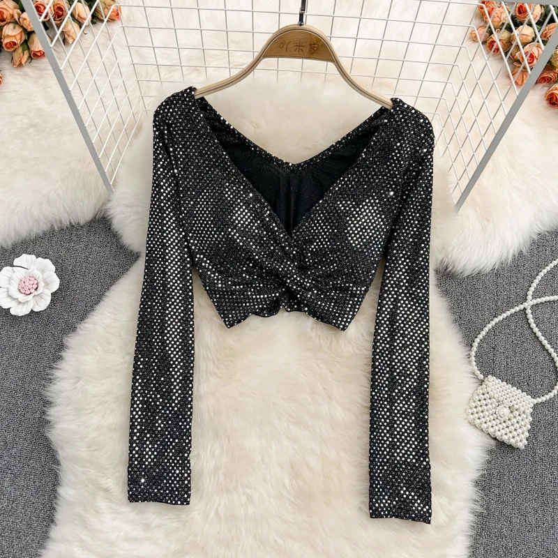 New Fashion Club Street Sequin Kink V-neck Wrinkle Top Women Sexy Slim Shiny Shirt Blouse Girls Short Belly Top Autumn Winter