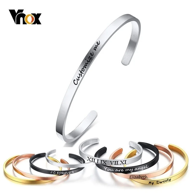 Vnox Free Personalised Gifts ID Bangles For Lovers\' Engrave Name Stainless Steel Cuff Bracelets & Bangles Women Mens Jewels