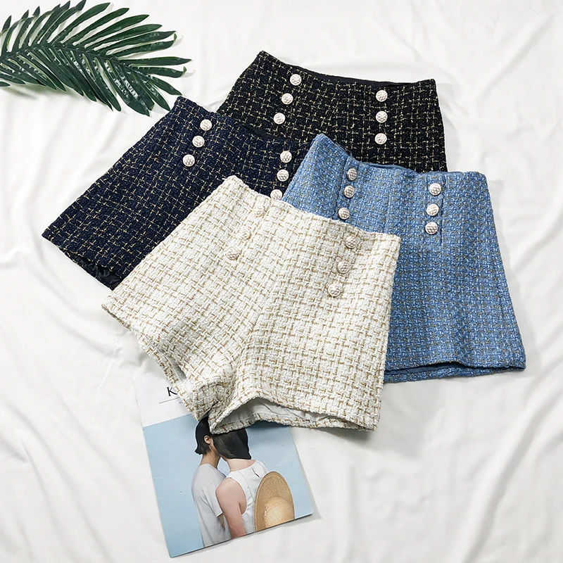 

Spring Autumn Double-breasted High Waist Wide Leg Shorts For Women Plaid Bright Silk Slim Short Pants Ladies A-line Femme Shorts