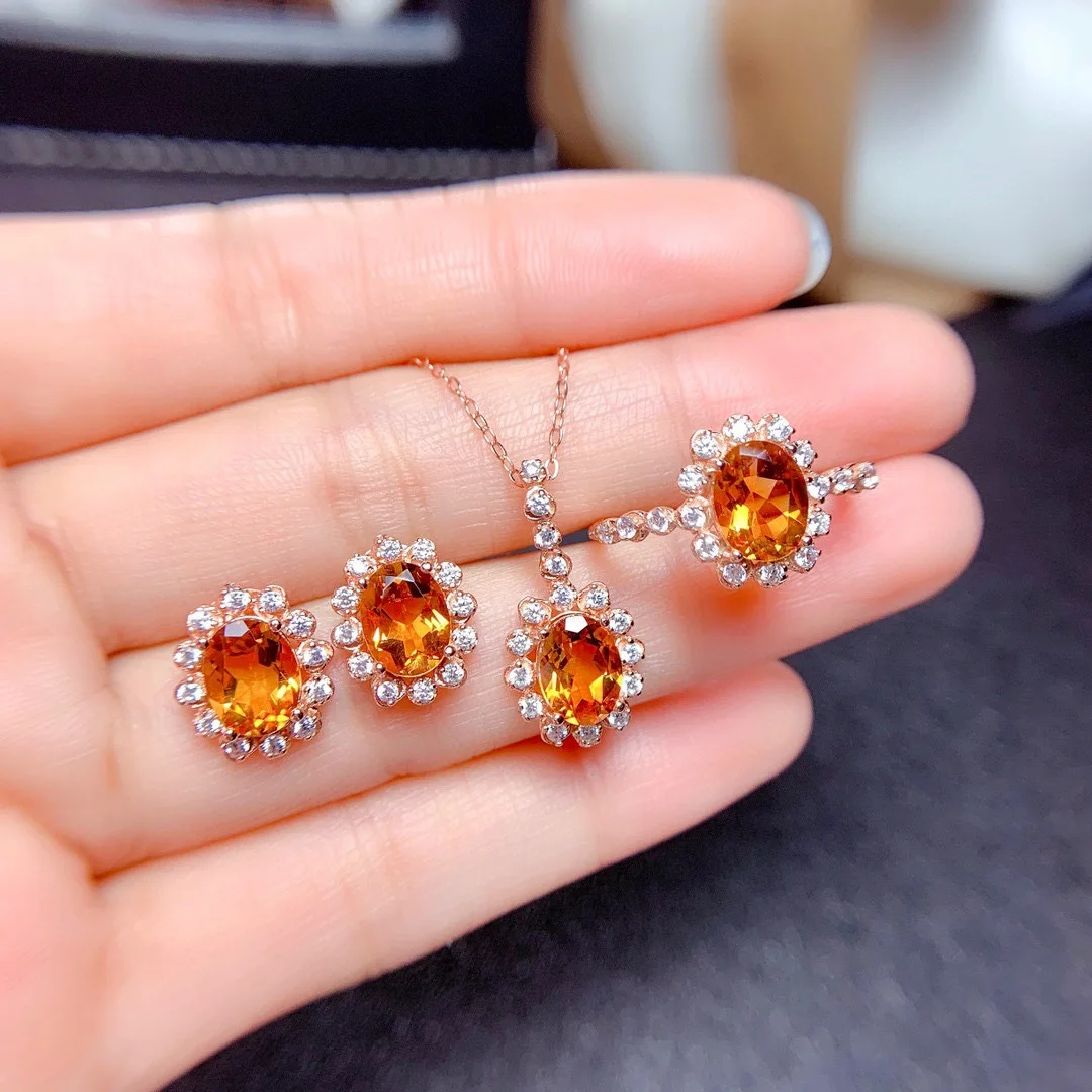 Fashion Luxury Jewelry Set Yellow Crystal Zircon Oval Pendant Necklace Elegant Exquisite Earrings Ring For Women Wedding Party