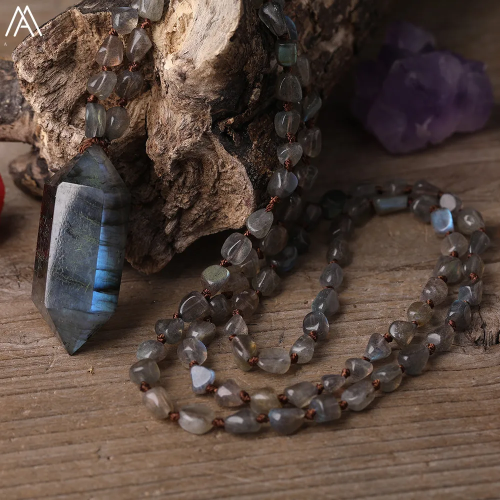 

Natural Labradorite Stone Double Point Pendant Labradorite Stone Irregular Chip Beads Cord Knotted Mala Yoga Necklace Jewelry