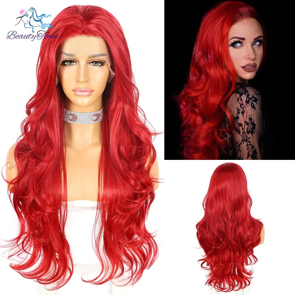 

Synthetic Lace Front Wig Long Body Wave Blood Red Color Wigs for Halloween Cosplay Drag Queen Race Heat Resistant Synthetic Hair